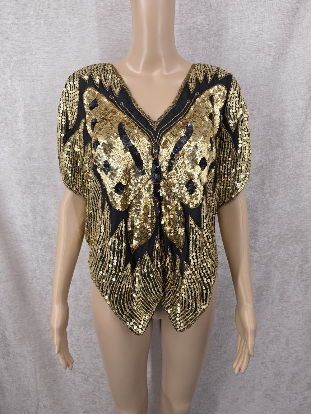 70s Vintage Silk Gold Beaded Sequin Butterfly Top Disco